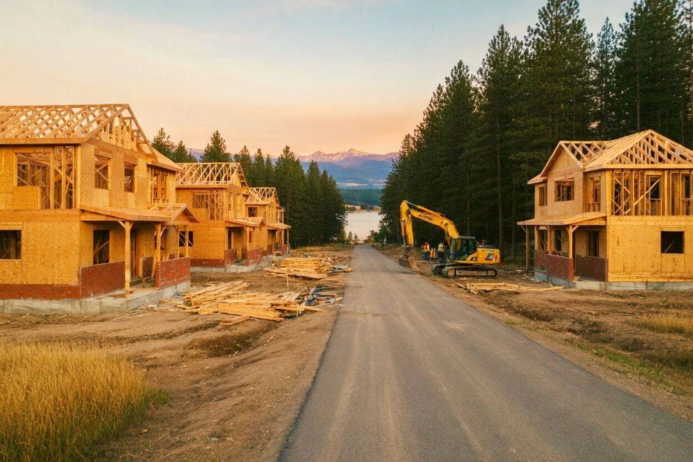 New homes being framed along a paved street