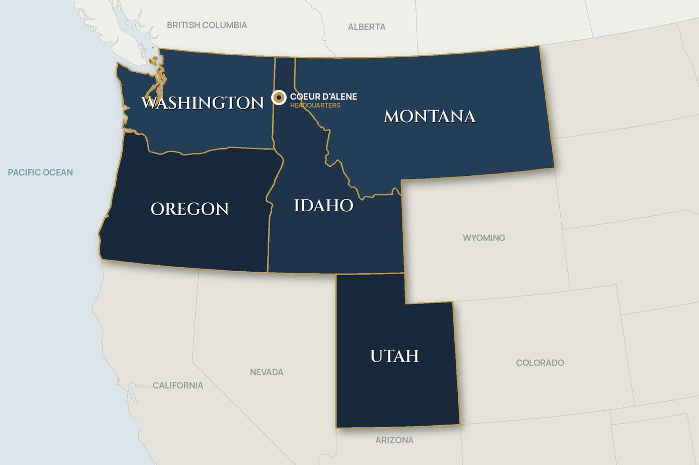 Map of Endura Development markets: Washington, Oregon, Idaho, Montana and Utah, headquartered in Coeur d'Alene
